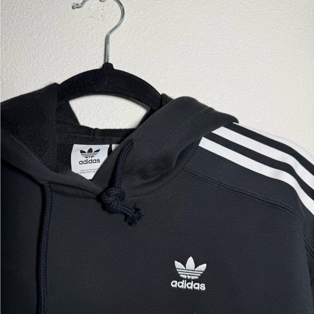 Adidas Cropped Black Hoodie 3 Stripe Trefoil Logo | XS | Athleisure Sweatshirt - Picture 3 of 7